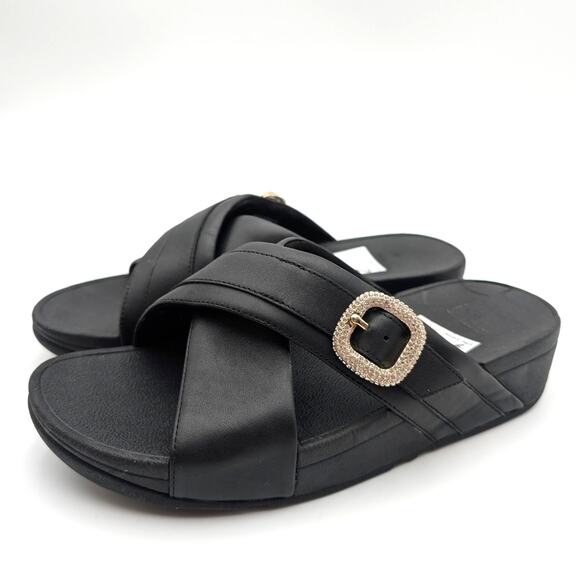 FitFlop LULU Crystal Buckle Leather Cross Slides Sandals Black Size US9 EU41 - Picture 15 of 15